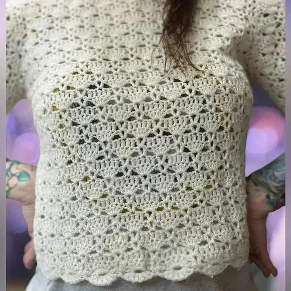 Vintage 60s shimmery cream chunky knit short sleeve pull over sweater M/L - Picture 5 of 10